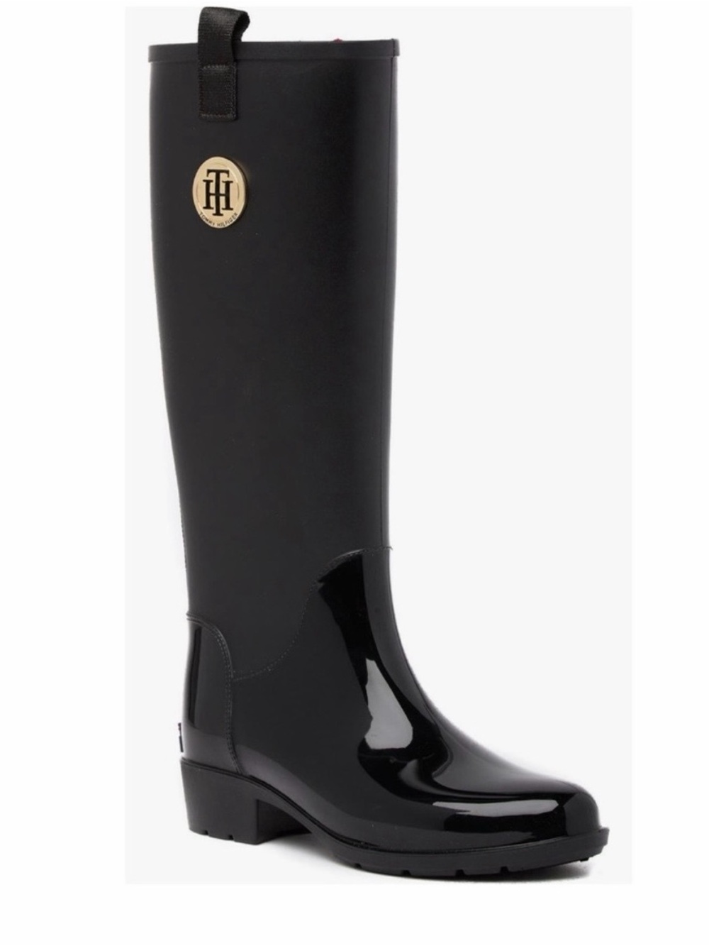 Tommy Hilfiger Women's Black Tall Rain Boots with Gold Logo -10